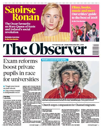 The Observer Newspaper Front Page (UK) for 30 December 2018