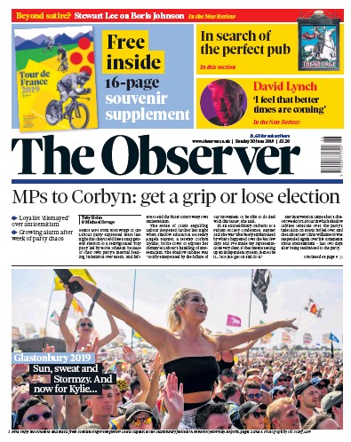 The Observer Newspaper Front Page (UK) for 30 June 2019