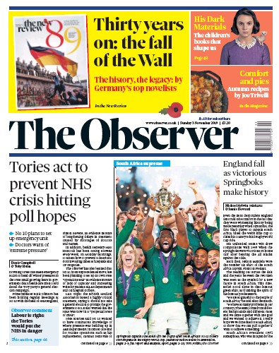 The Observer Newspaper Front Page (UK) for 3 November 2019