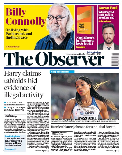 The Observer Newspaper Front Page (UK) for 6 October 2019