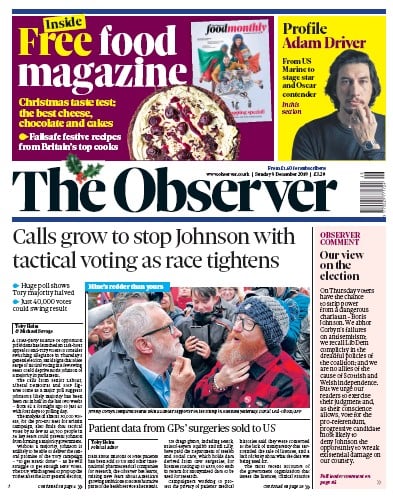 The Observer Newspaper Front Page (UK) for 8 December 2019