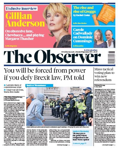 The Observer Newspaper Front Page (UK) for 8 September 2019