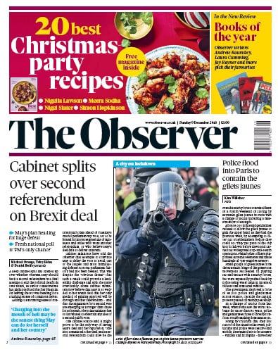 The Observer Newspaper Front Page (UK) for 9 December 2018