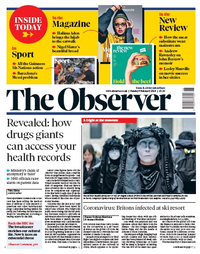 The Observer Newspaper Front Page (UK) for 9 February 2020