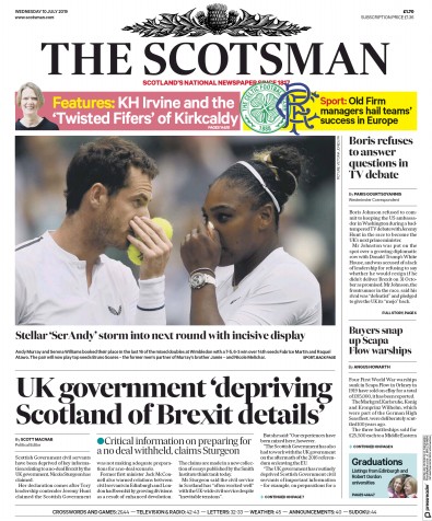 The Scotsman Newspaper Front Page (UK) for 10 July 2019
