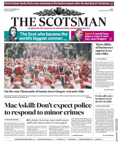 The Scotsman Newspaper Front Page (UK) for 11 December 2017