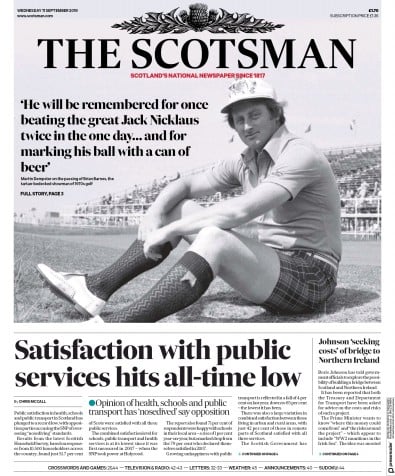 The Scotsman Newspaper Front Page (UK) for 11 September 2019