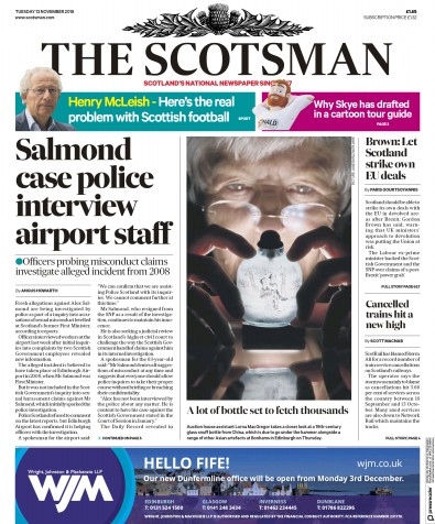 The Scotsman Newspaper Front Page (UK) for 13 November 2018