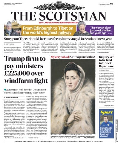 The Scotsman Newspaper Front Page (UK) for 13 November 2019
