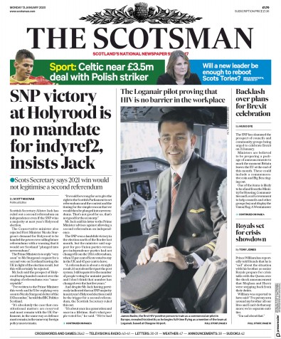 The Scotsman Newspaper Front Page (UK) for 13 January 2020