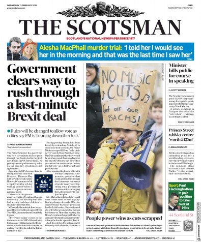 The Scotsman Newspaper Front Page (UK) for 13 February 2019