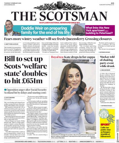 The Scotsman Newspaper Front Page (UK) for 13 February 2020