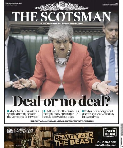 The Scotsman Newspaper Front Page (UK) for 13 March 2019