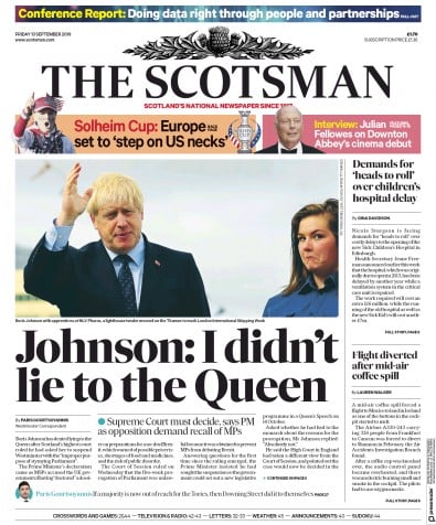 The Scotsman Newspaper Front Page (UK) for 13 September 2019