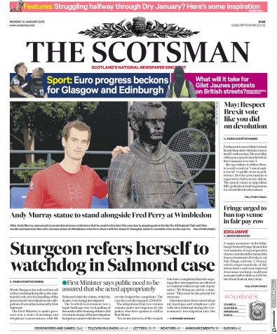 The Scotsman Newspaper Front Page (UK) for 14 January 2019