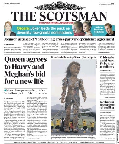 The Scotsman Newspaper Front Page (UK) for 14 January 2020