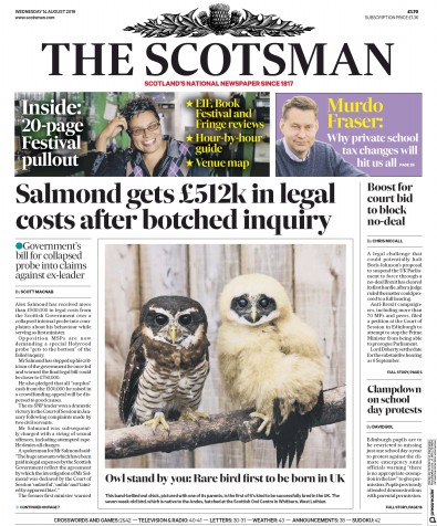The Scotsman Newspaper Front Page (UK) for 14 August 2019