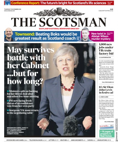 The Scotsman Newspaper Front Page (UK) for 15 November 2018