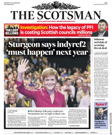 The Scotsman Newspaper Front Page (UK) for 16 October 2019