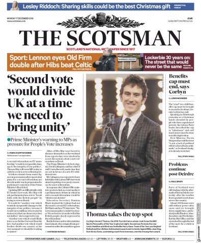 The Scotsman Newspaper Front Page (UK) for 17 December 2018