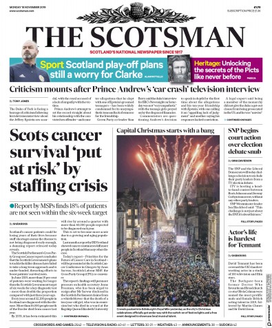 The Scotsman Newspaper Front Page (UK) for 18 November 2019