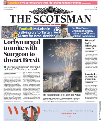 The Scotsman Newspaper Front Page (UK) for 19 November 2018
