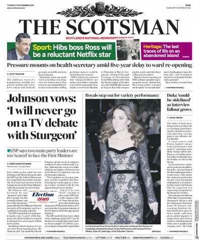 The Scotsman Newspaper Front Page (UK) for 19 November 2019
