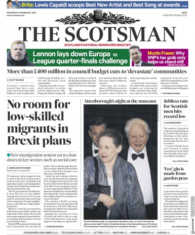 The Scotsman Newspaper Front Page (UK) for 19 February 2020