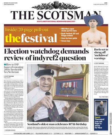 The Scotsman Newspaper Front Page (UK) for 19 August 2019