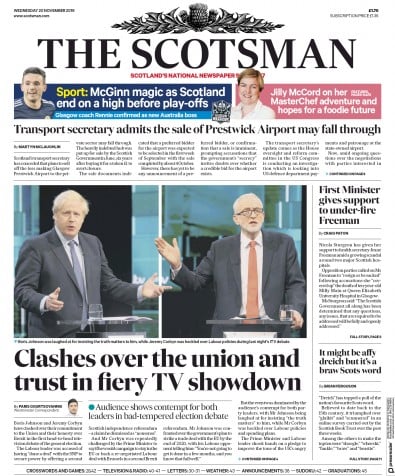 The Scotsman Newspaper Front Page (UK) for 20 November 2019