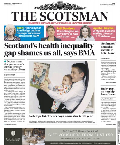 The Scotsman Newspaper Front Page (UK) for 20 December 2017