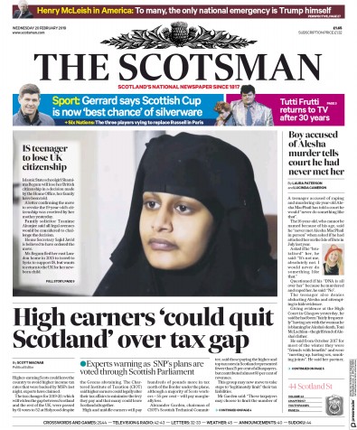 The Scotsman Newspaper Front Page (UK) for 20 February 2019