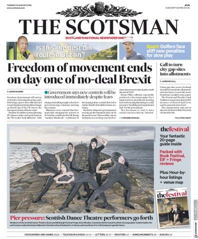 The Scotsman Newspaper Front Page (UK) for 20 August 2019
