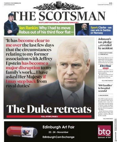 The Scotsman Newspaper Front Page (UK) for 21 November 2019