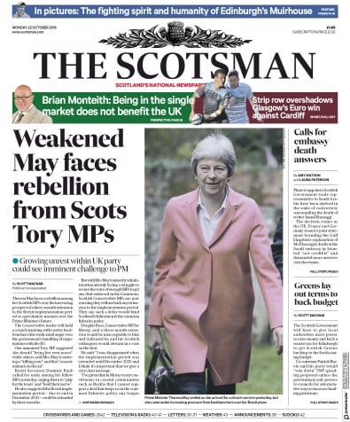 The Scotsman Newspaper Front Page (UK) for 22 October 2018