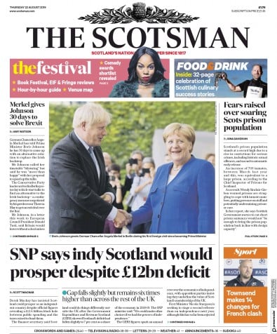 The Scotsman Newspaper Front Page (UK) for 22 August 2019