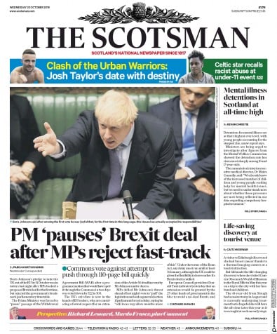 The Scotsman Newspaper Front Page (UK) for 23 October 2019