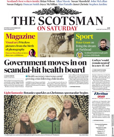 The Scotsman Newspaper Front Page (UK) for 23 November 2019