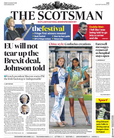 The Scotsman Newspaper Front Page (UK) for 23 August 2019