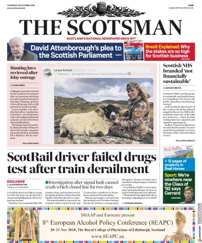 The Scotsman Newspaper Front Page (UK) for 25 October 2018