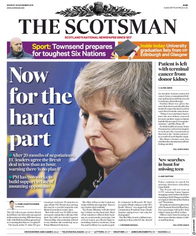 The Scotsman Newspaper Front Page (UK) for 26 November 2018