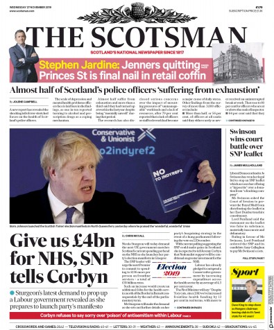 The Scotsman Newspaper Front Page (UK) for 27 November 2019