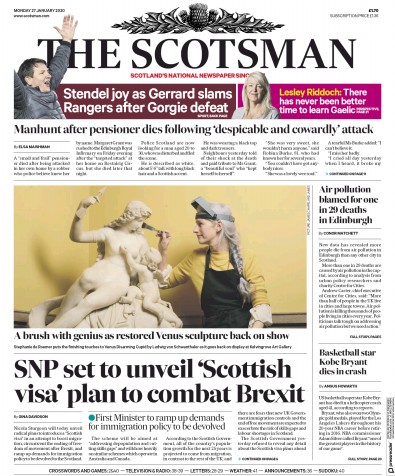 The Scotsman Newspaper Front Page (UK) for 27 January 2020