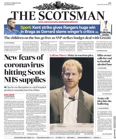 The Scotsman Newspaper Front Page (UK) for 27 February 2020