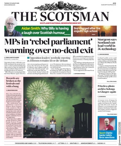 The Scotsman Newspaper Front Page (UK) for 27 August 2019