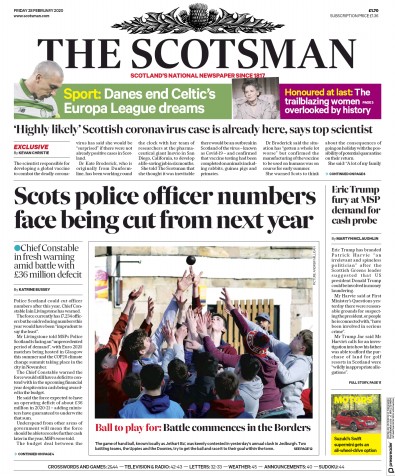 The Scotsman Newspaper Front Page (UK) for 28 February 2020