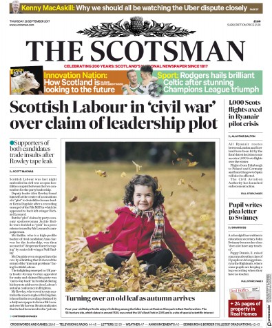 The Scotsman Newspaper Front Page (UK) for 28 September 2017