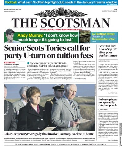 The Scotsman Newspaper Front Page (UK) for 2 January 2019
