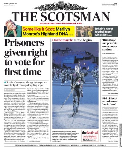 The Scotsman Newspaper Front Page (UK) for 2 August 2019