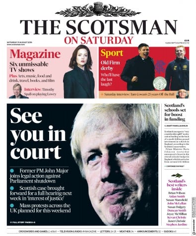 The Scotsman Newspaper Front Page (UK) for 31 August 2019